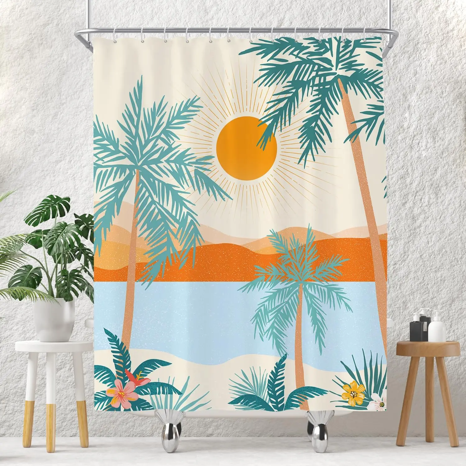 

Tropical Palm Trees and Sunset Pattern Waterproof Shower Curtain 180x200cm - Beach Style Print Bath Curtain for Home Decor