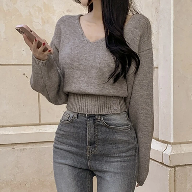 Шикарный осенний винтажный трикотаж Long Sve V-Ne с застежкой на талии и пуговицами для похудения, универсальный женский пуловер, свитер