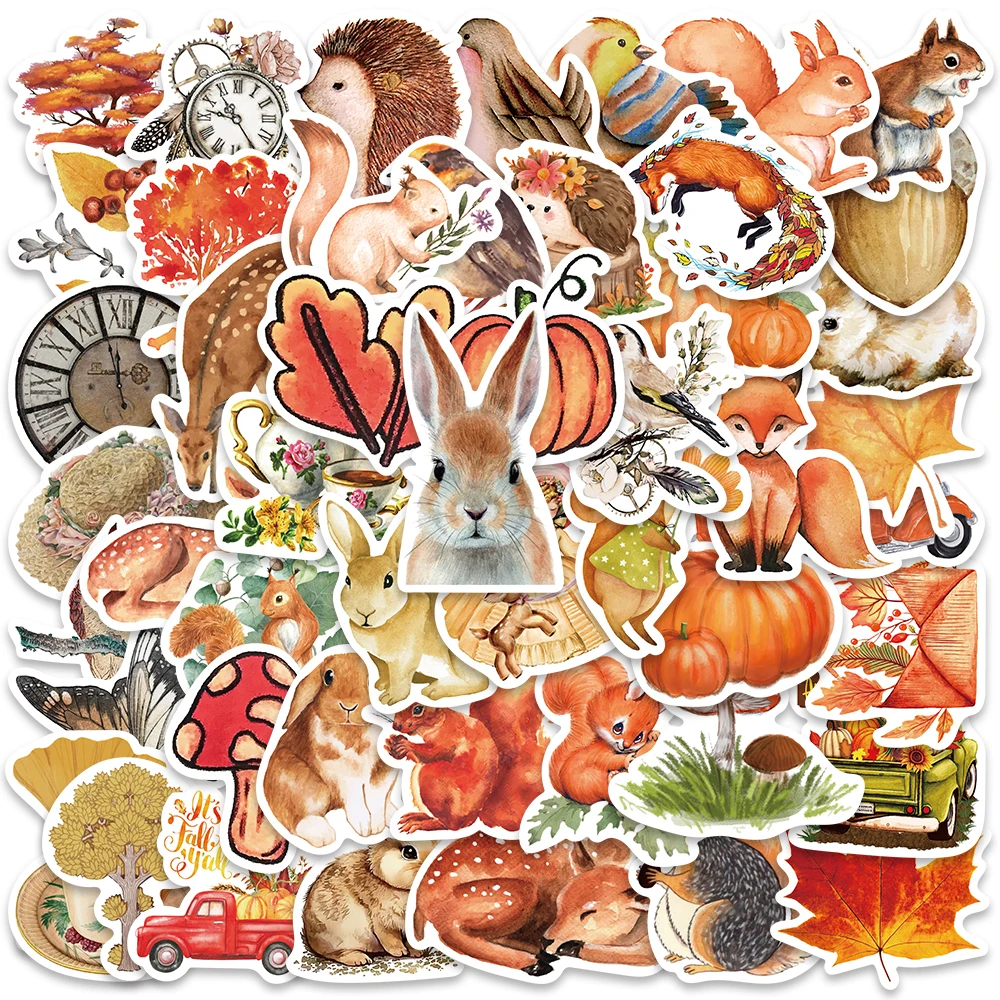 50pcs Autumn Forest Stickers Rabbit Sika Deer Maple Leaf Decals Vinyl Waterproof Laptop Luggage Motorcycle Helmet Stickers