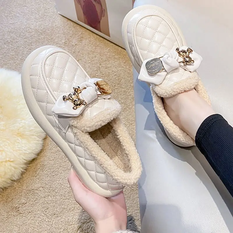 Feerldi مقاوم للماء الفراء الأخفاف امرأة شتاء دافئ أفخم الشقق السيدات البيج الأسود أحذية الباليه مقاومة البرد أفخم المتسكعون #3