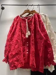 Women's long sleeve top vintage red elegant women's shirts three-dimensional flower solid shirts and blouses with tassels