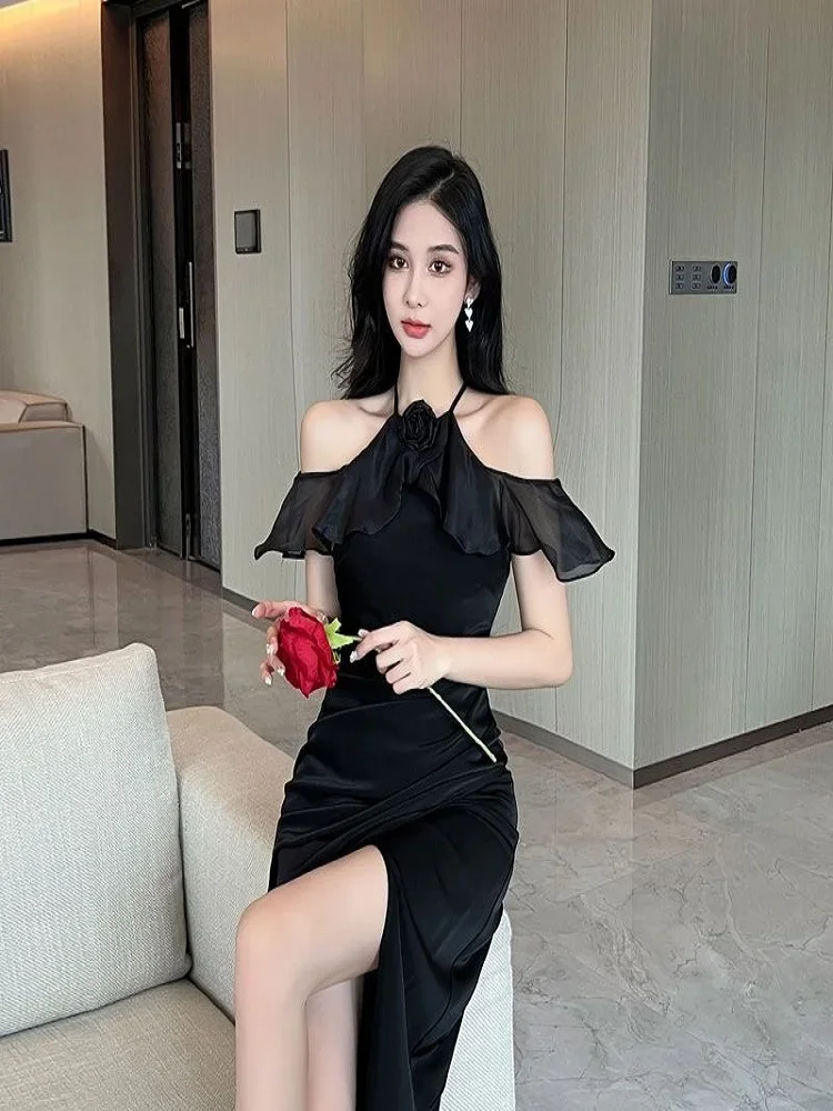 

Hot-selling No. 34 evening dress, temperament ruffle dress, women's summer 2024 new satin fishtail high-end slit long skirt