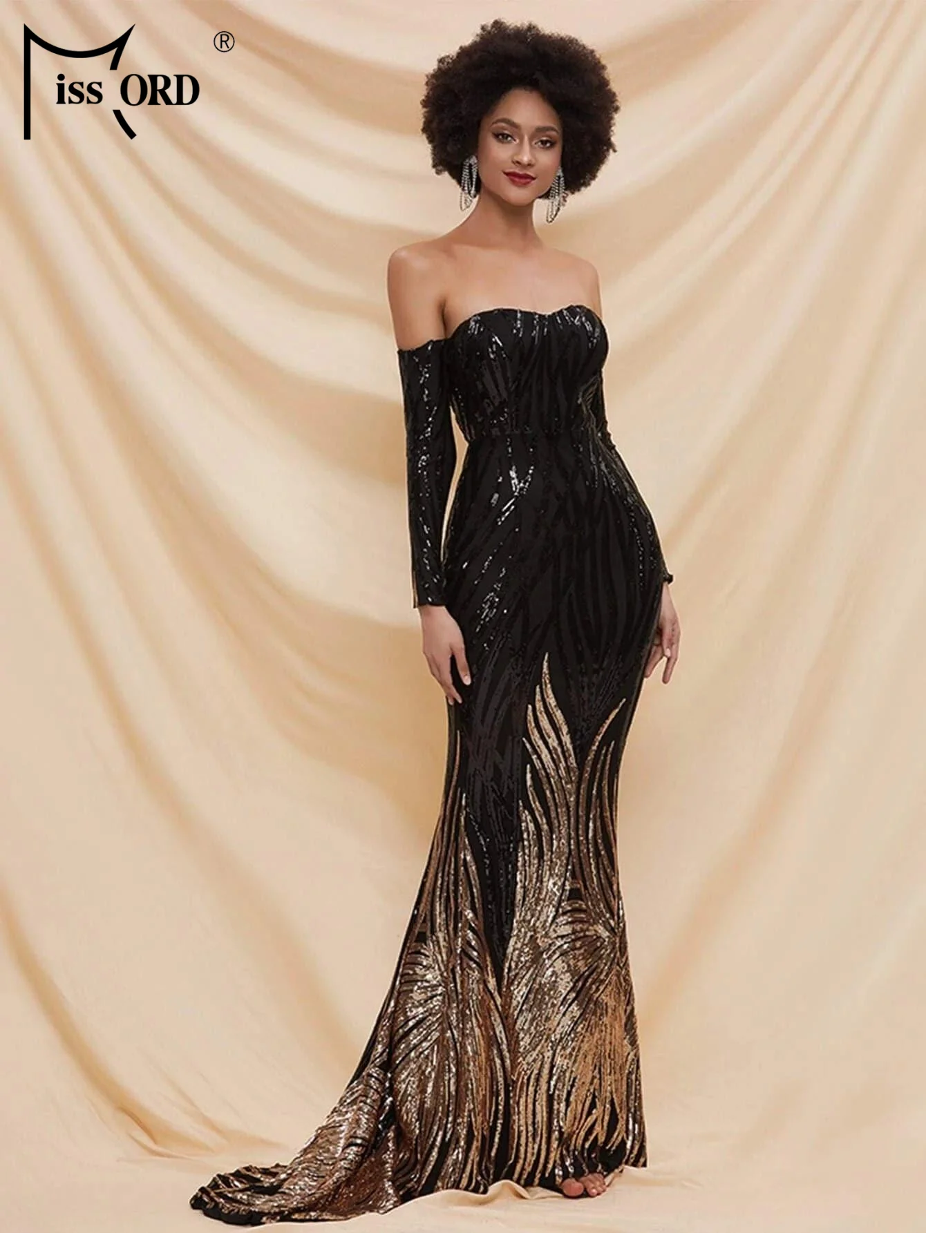 

Missord New Off Shoulder Sequin Black Mermaid Evening Gown Wedding Birthday Party Formal Occasion Autumn Dresses