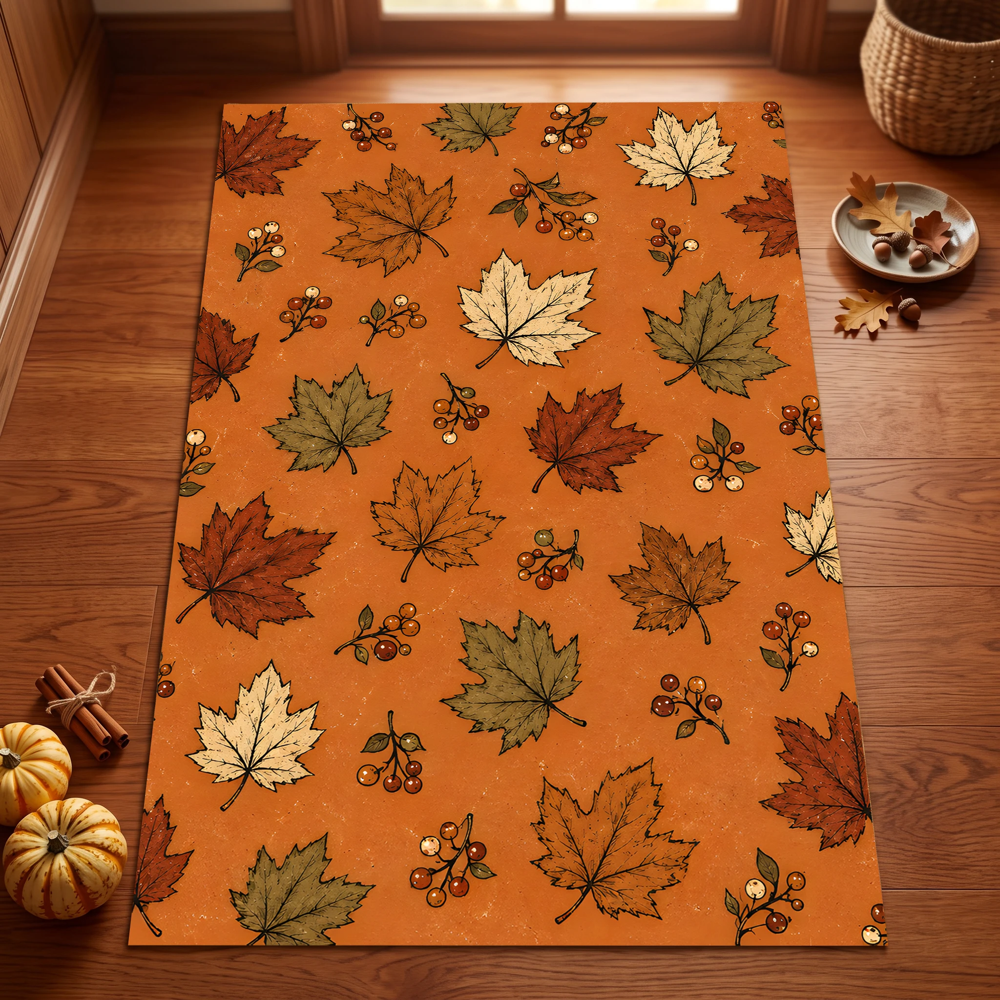 Velvet Rug Warm Orange Maple Leaf Berry Print Retro Style for Living Room Bedroom Entryway Home Decor