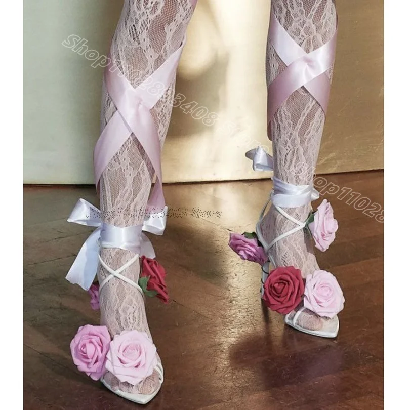 

White Flower Decor Ankle Strap Sandals Silk Open Toe Stiletto Party Dress New Fashion Spring Sandals 2025 Zapatos Para Mujere