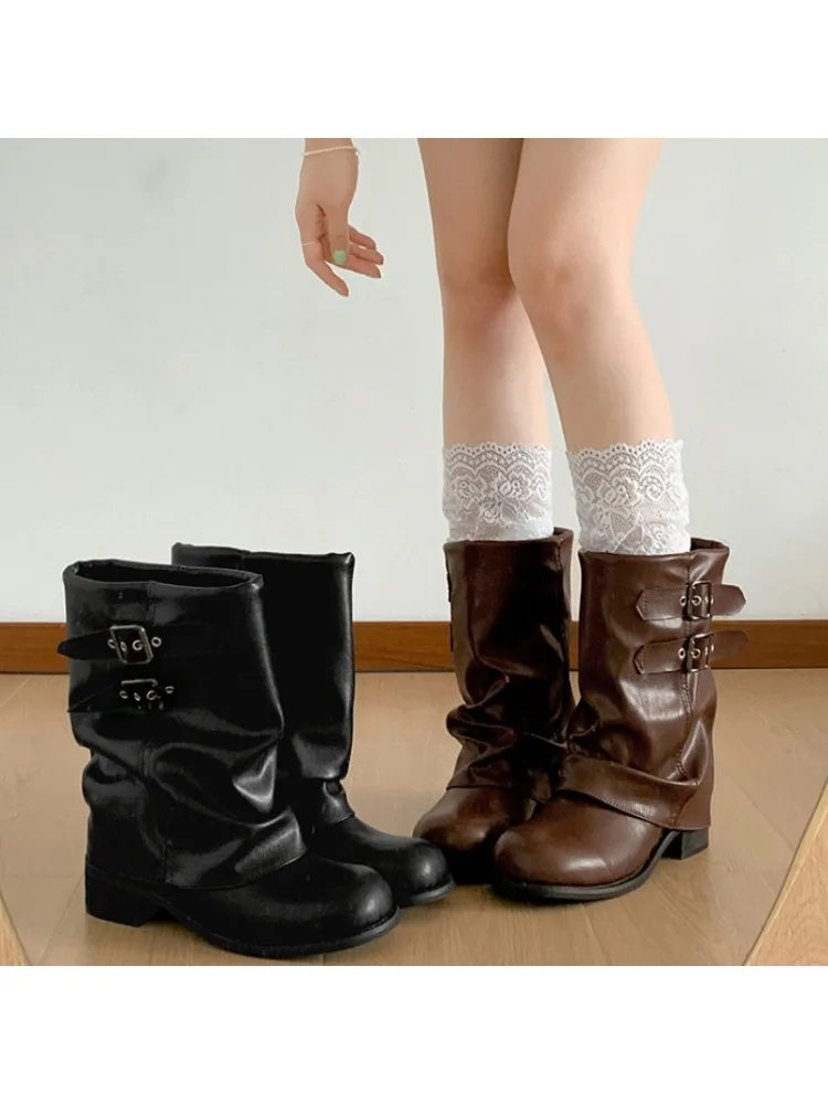 Bottines occidentales Vintage à talons épais pour femmes, chaussures élégantes avec boucle de ceinture, bottines courtes confortables en cuir souple