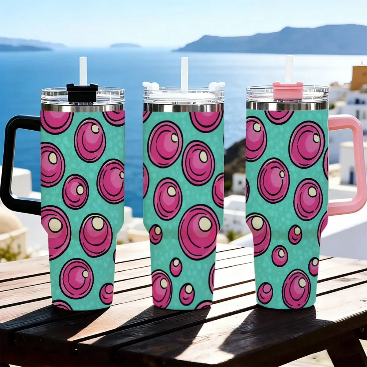 40oz Retro Pink Swirl Circle Doodle Teal Background Repeat Print Stainless Steel Tumbler With Handle Straw Lid 24 Hours Cold Insulated Travel Water Cup