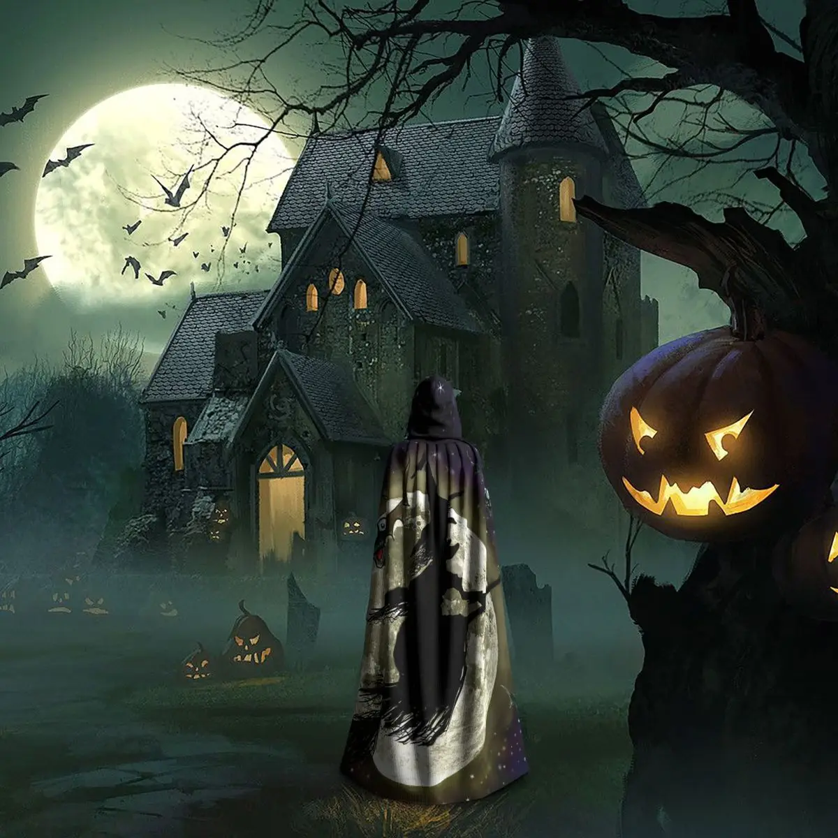 هالوين الساحرة طويلة مقنعين عباءة الساحرة القرون الوسطى زي تأثيري كيب هالوين معطف الكبار للجنسين