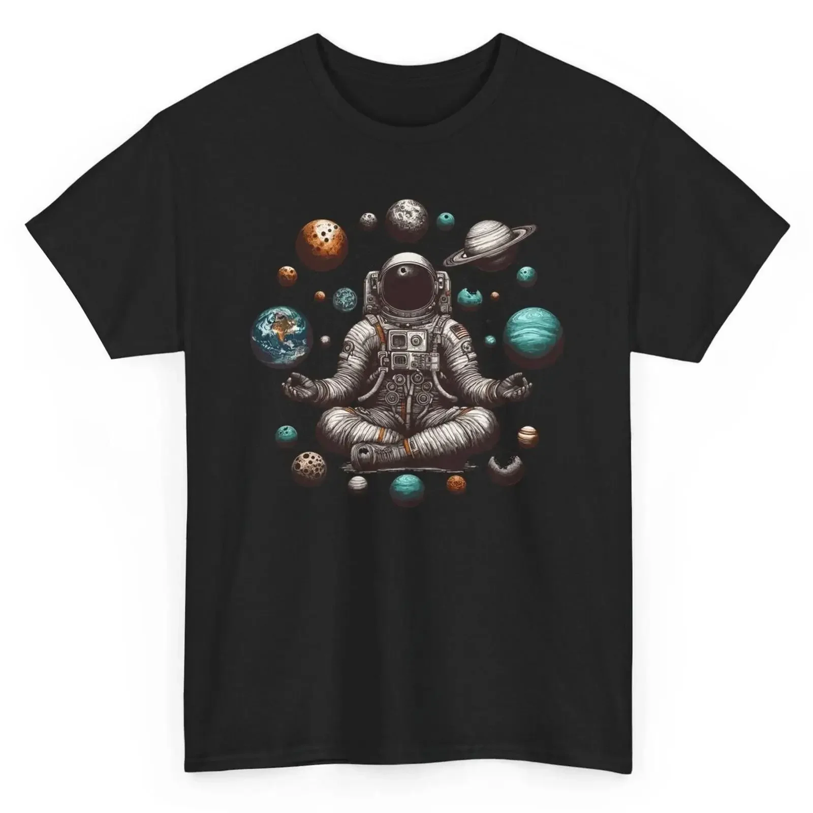 Space Meditating Astronaut T shirt Meditation Yoga Galaxy  vintage Washed homme Unisex Comfortable Casual Stretched Slightly