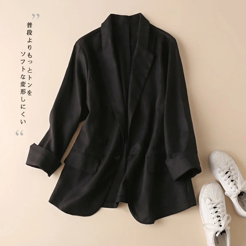 Blazer pequeño de algodón y lino para mujer, abrigo fino de moda coreana, chaqueta informal de manga tres cuartos, novedad de verano 2023