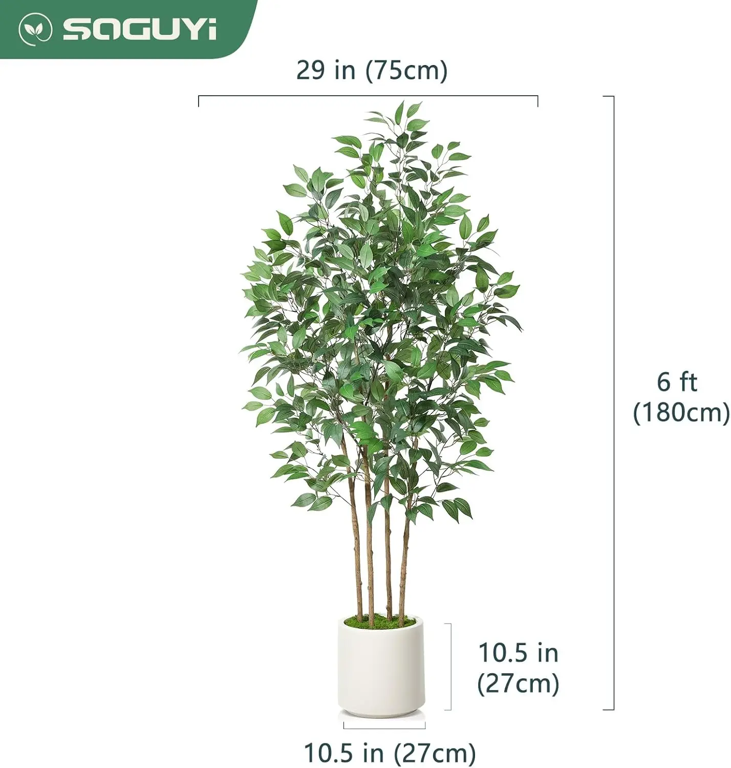 Ficus Artificial Tree 6ft Fake Silk Plant for Home Decor Indoor, Faux Floor Tree in White Imitation Ceramic Planter with Green