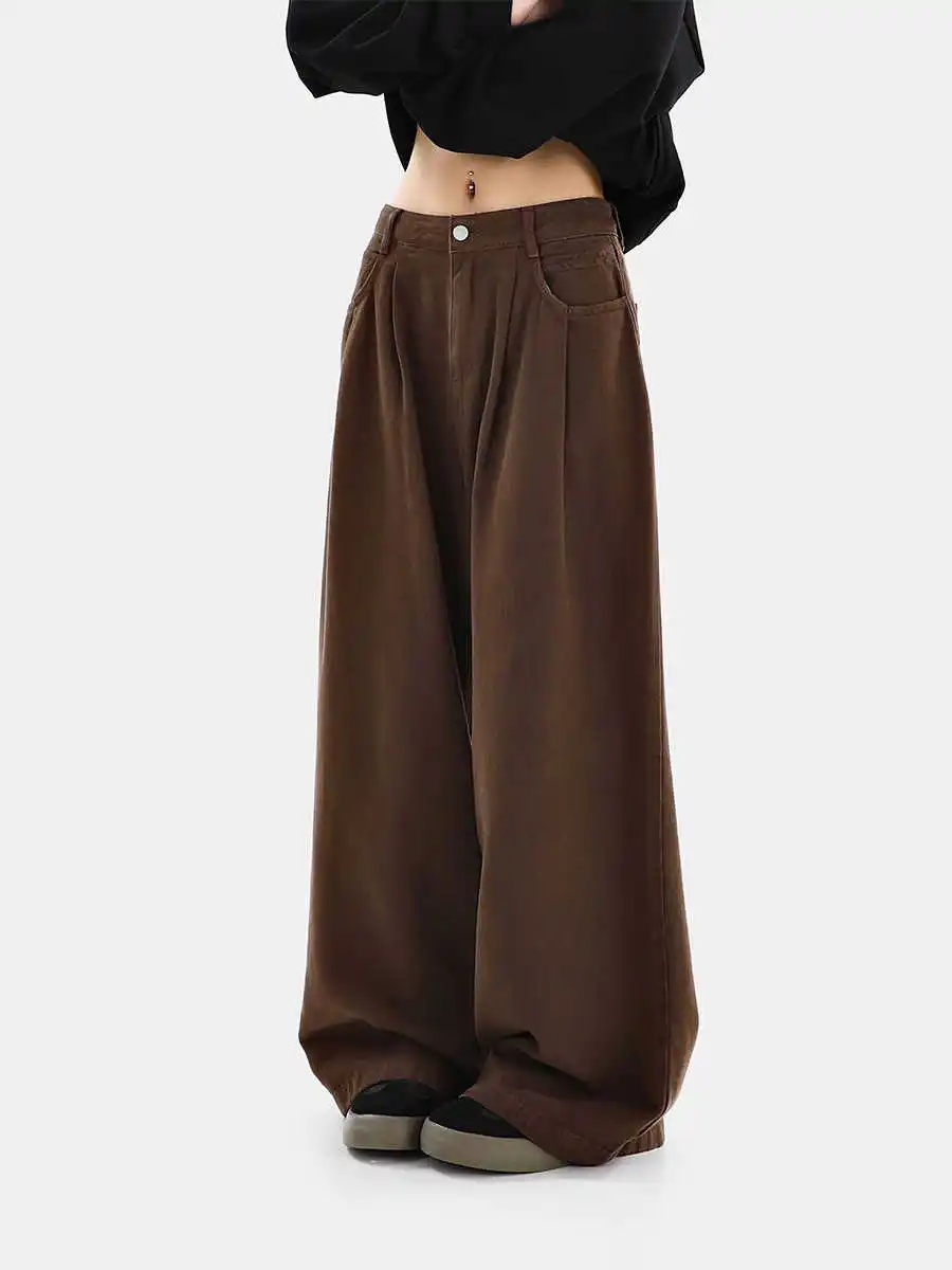 

Brown Jeans Women High Waist American Plus Size Wide Leg Pants 90s Vintage Straight Baggy 2000s Denim Trousers Mom Oversize Pant