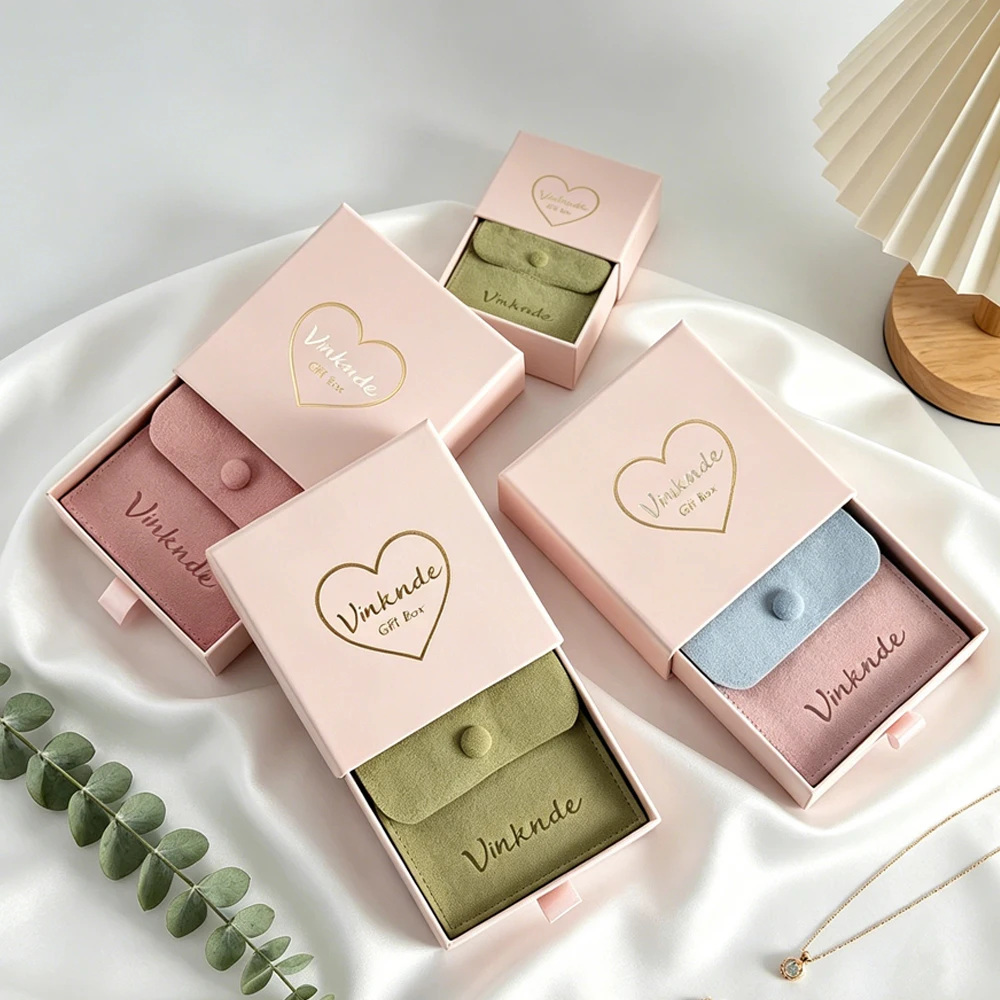 

24/50Pcs Custom Logo Jewelry Packaging Box Ring Earrings Bracelets Drawer Boxes with Microfiber Snap Bag Wedding Gift Pouches