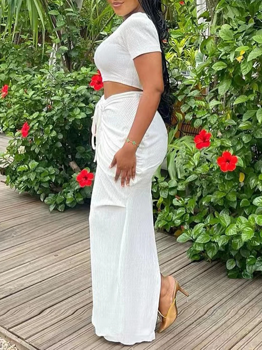 ZIML Solid Chic Two Piece Sets for Women Round Neck Short Sleeve Tops High Waist Spliced Folds Chic Skirts Chic Set Female New