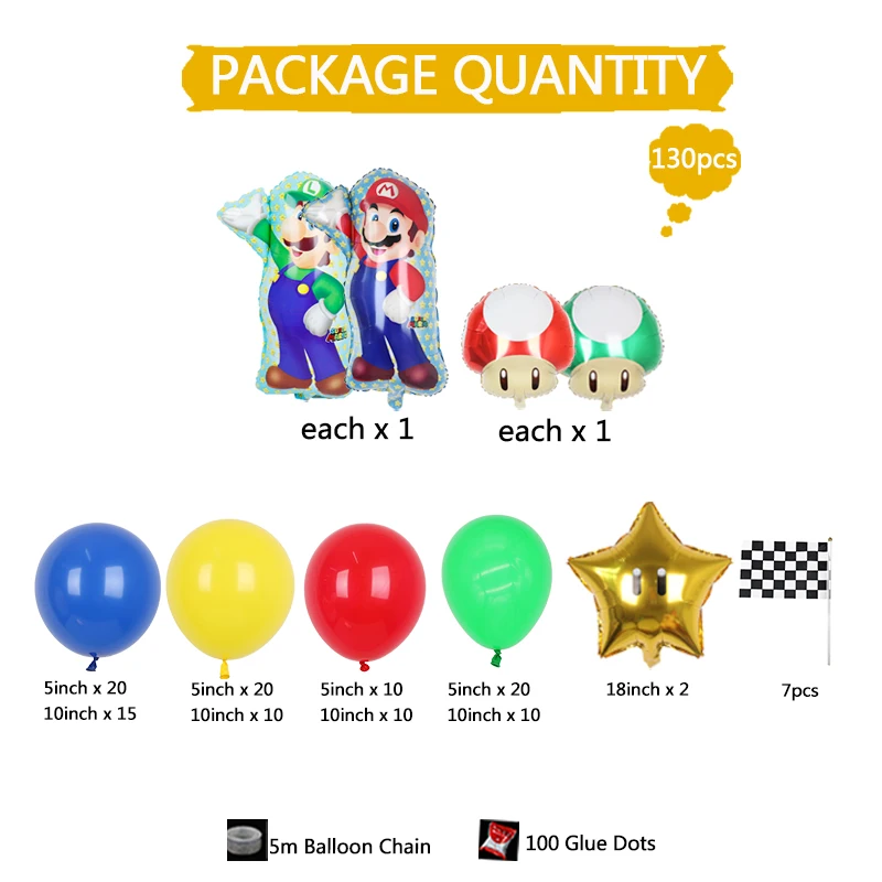 130pcs Mario themed Party Balloon Garland Arch Kit Red Yellow blue latex balloons for kids birthday party Baby shower decoration