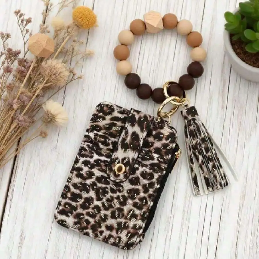 

Boho Leopard Print Wristlet Keychain Wallet With Tassel Beaded Strap Card Holder For Women