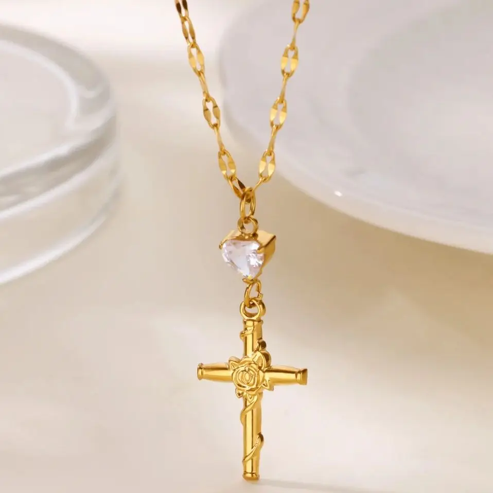 

Fashion Zircon Cross Flower Necklaces For Women Stainless Steel Cross Pendant Necklace Religious Wedding Christmas Jewelry Gift