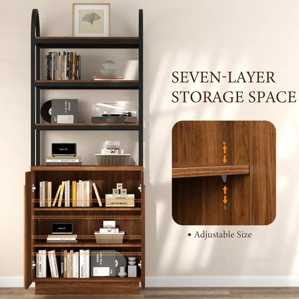 

71" Arched Bookcase with Reeded Design Doors, 7-Tier Bookshelf with Storage and Cabinet, Metal Frame Adjustable, Customized