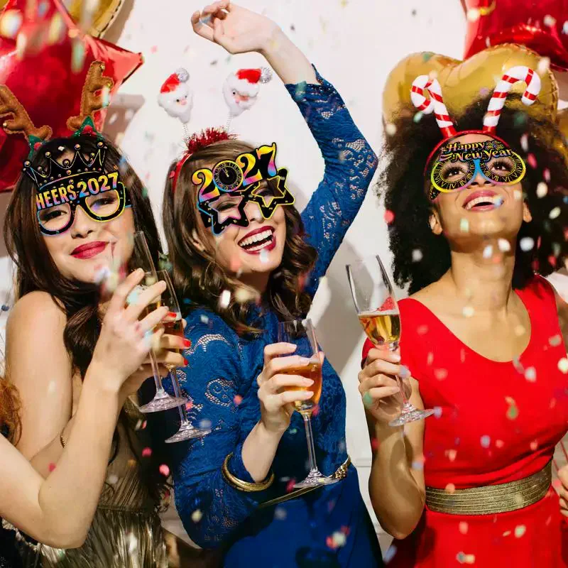 8/16pcs Happy New Year Party Paper Glasses Black Gold Glitter For New Years Eve Gatherings Photo Booth Props