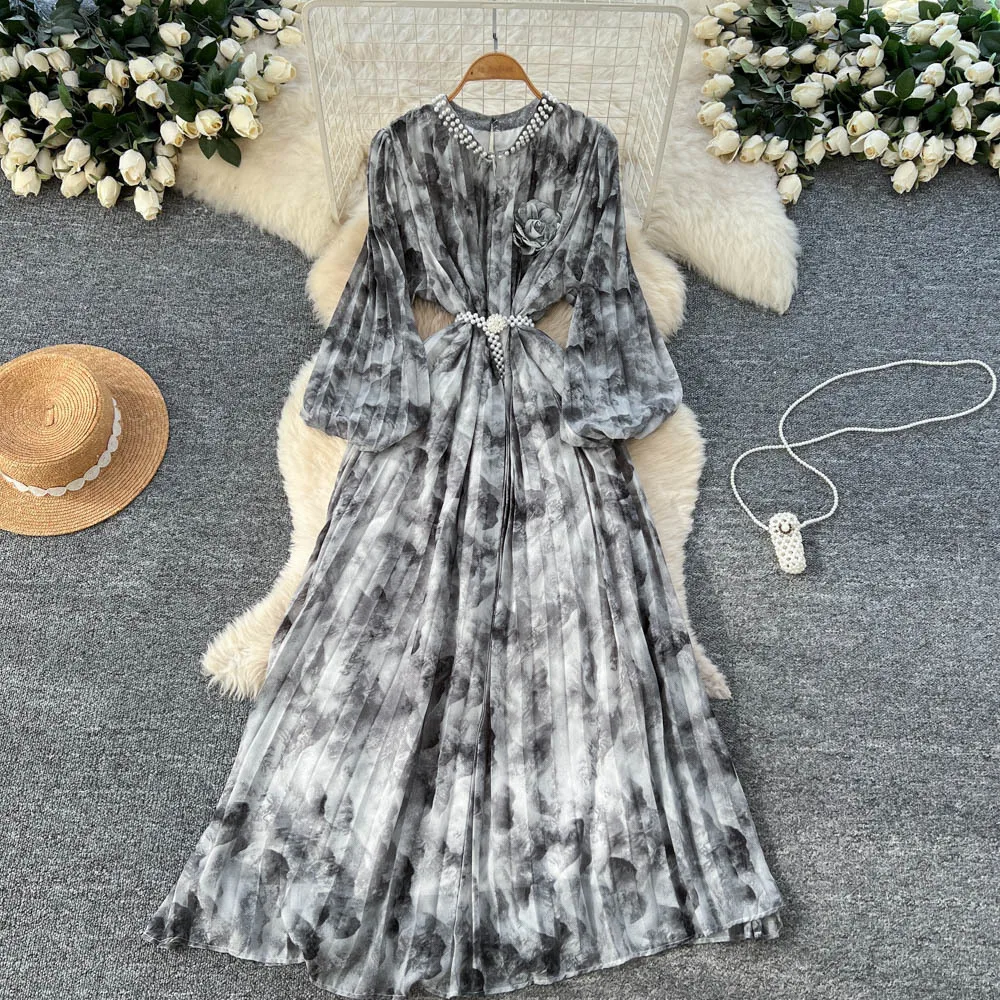 

Women Print Dresses Embroidered Flares Dress Long Sleeves Ankle Length Slight Strech Elegant Casual Office Lady 2025 Autumn
