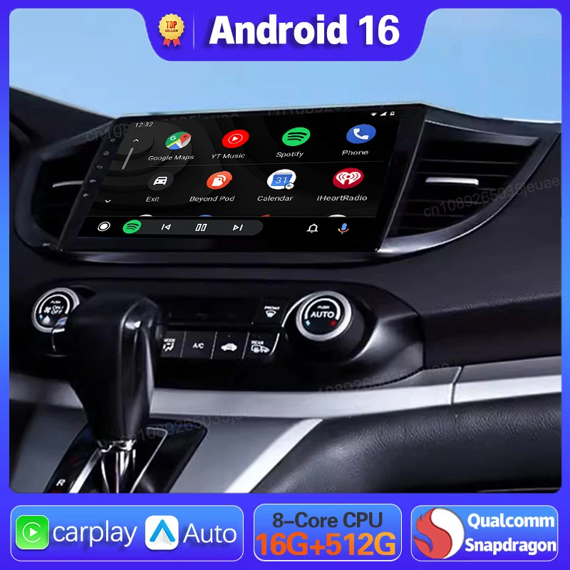 Central Multimídia Automotiva Android 16 com Carplay e Auto para Honda CRV CR-V 2011 2012 - 2016, Rádio GPS, WIFI+4G, Unidade Principal 2 Din, Reprodutor de Vídeo Estéreo