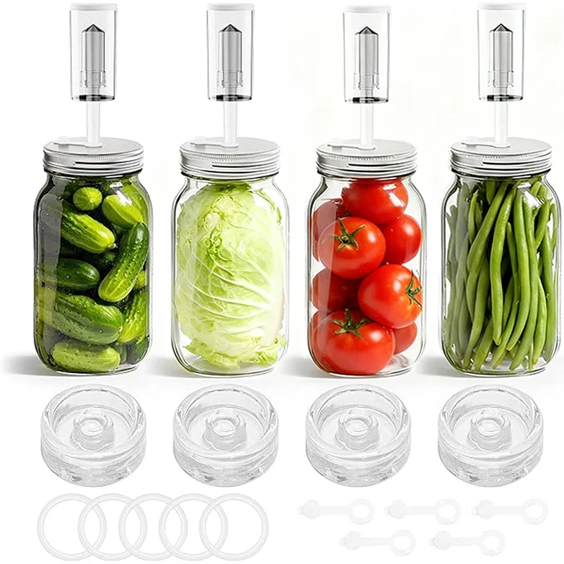 Fermentation Kit, Wide Mouth Mason Jars Pickling Sauerkraut Set Glass Weight, Stainless Steel Lid, Air Lock Valve, Silicone Seal - view 6