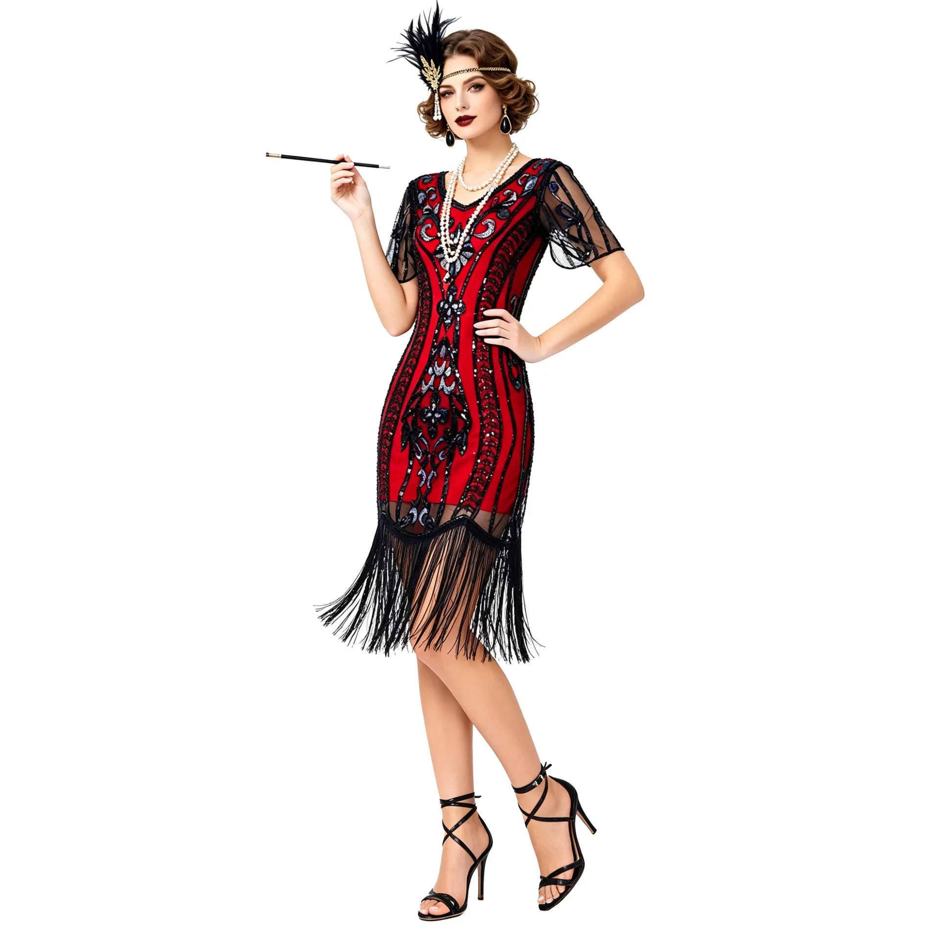 

Платье-роба с бисером и пайетками для женщин, винтажное платье-флаппер в стиле 1920-х годов, с V-образным вырезом, рукавами-бабочками, длинное, в стиле Великого Гэтсби