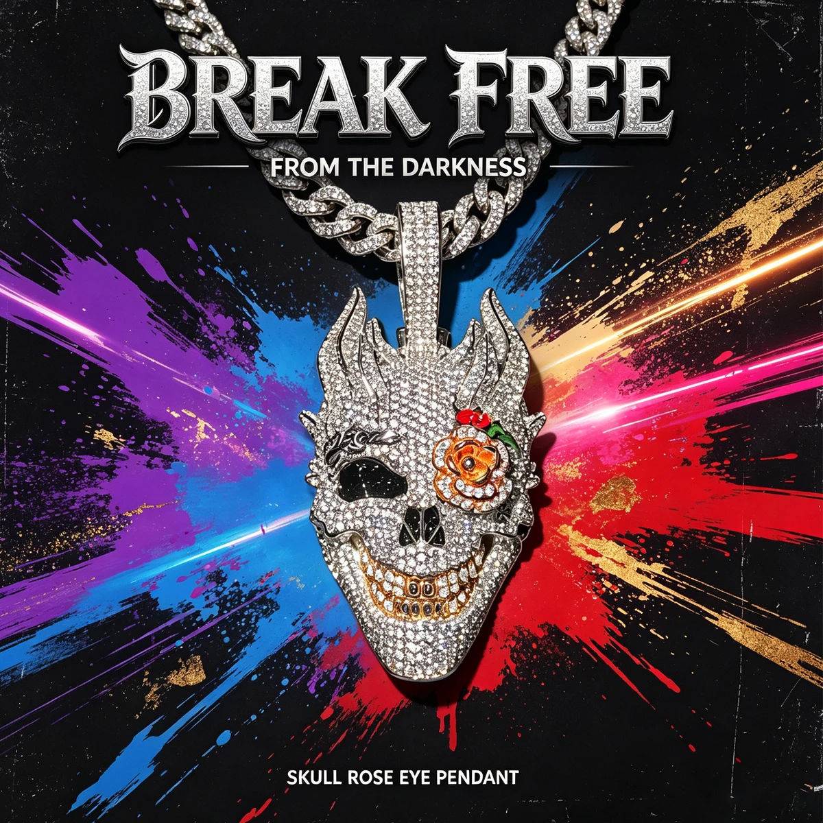 Iced Out Full Cubic Zirconia Devil Skull Mask Design Hip Hop Pendant Rose Flower Eye 18K Gold Plated Bling Statement Charm Necklace Men Streetwear Rap Culture Cuban Chain Accessory Gothic Skeleton Demon Face Ornament Fine Jewelry Gifts for Boy Friends