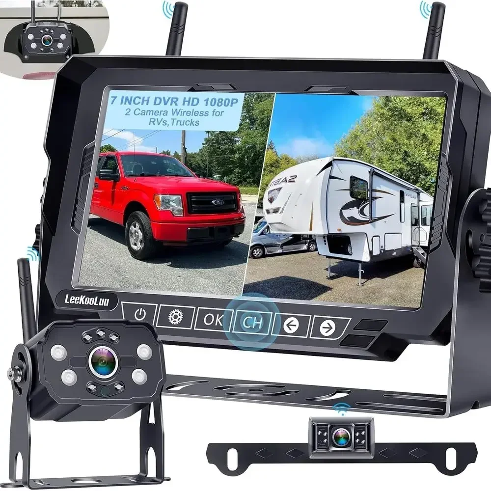 HD 1080P 7 inch RV Wireless Backup Camera: Dual Camera 30-Min Easy Install Clear Night Vision 4 Channels Recording Touch Key Mon