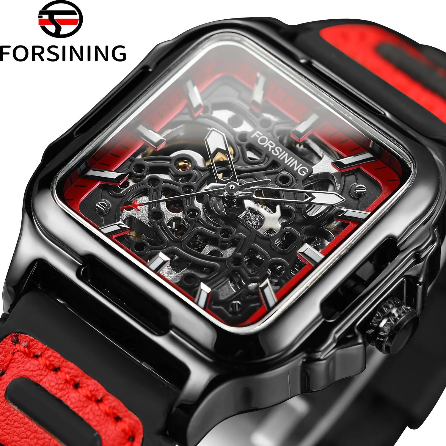 

FORSINING Original Square Skeleton Mechanical Men Watch Automatic Movement Clock Field Sport Red Rubber Luxury Replica Watches