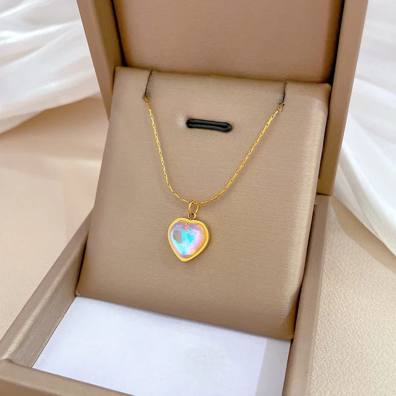 OIMG 316L Stainless Steel Gold Plated Romantic Aurora Gradient Heart Pendant Neckalce For Women Eternal Love Birthday Jewelry