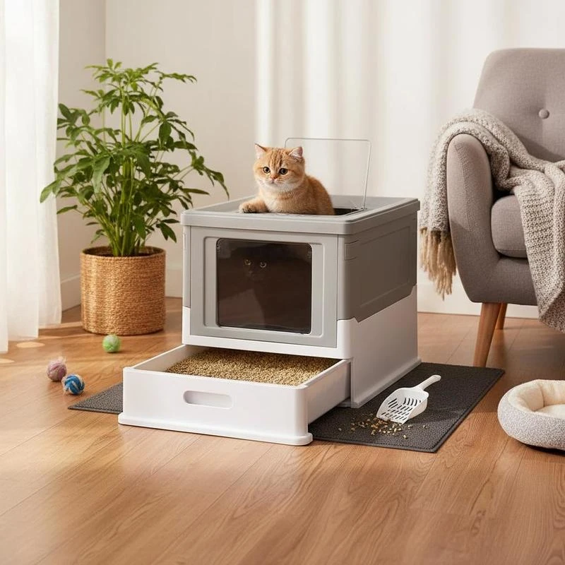 

Hooded Cat Litter Box, Portable Pet Toilet, with Scoop, Front Entry - Grey