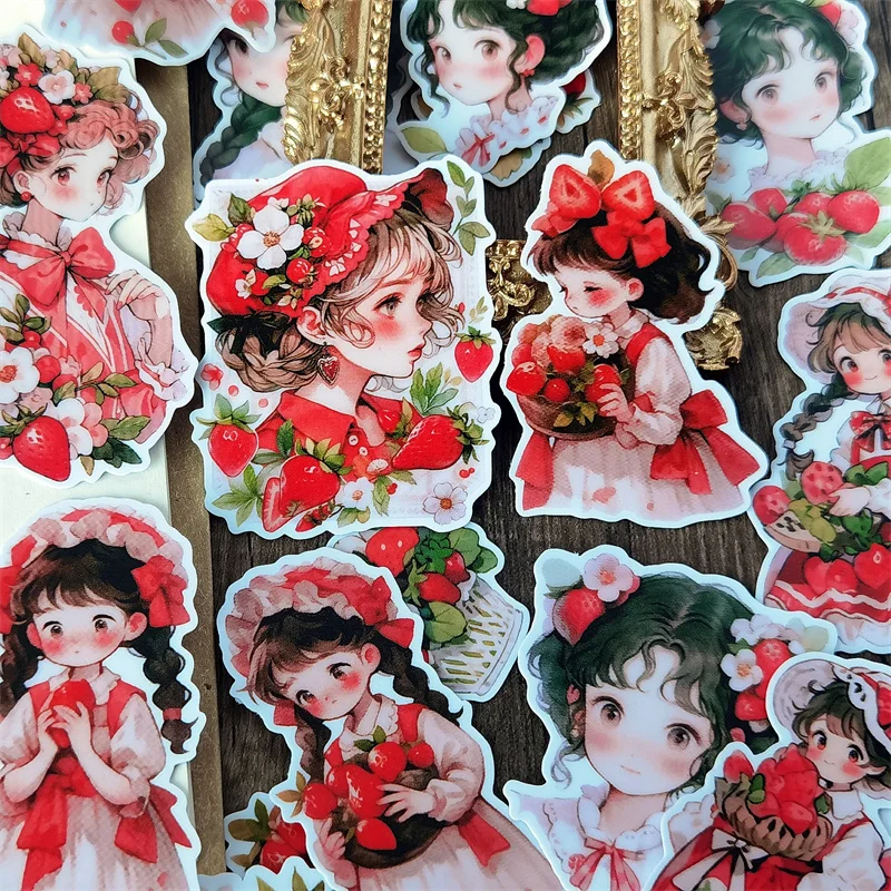 18pcs Cute Watercolor Strawberry Girl Stickers  Stationery DIY Laptop Waterproof Skateboard Moto Phone Car Toy Scrapbooking