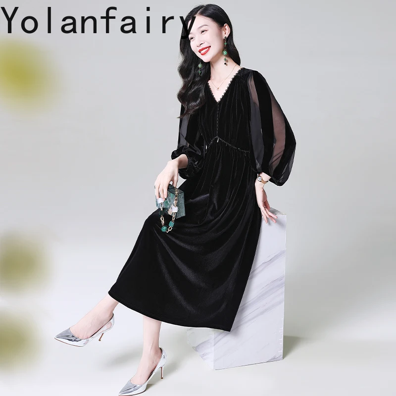 

YOLANFAIRY Women‘s velvet dress spring luxury v-neck lantern sleeves Elegant fashion high waist black commute A-line skirt 2025