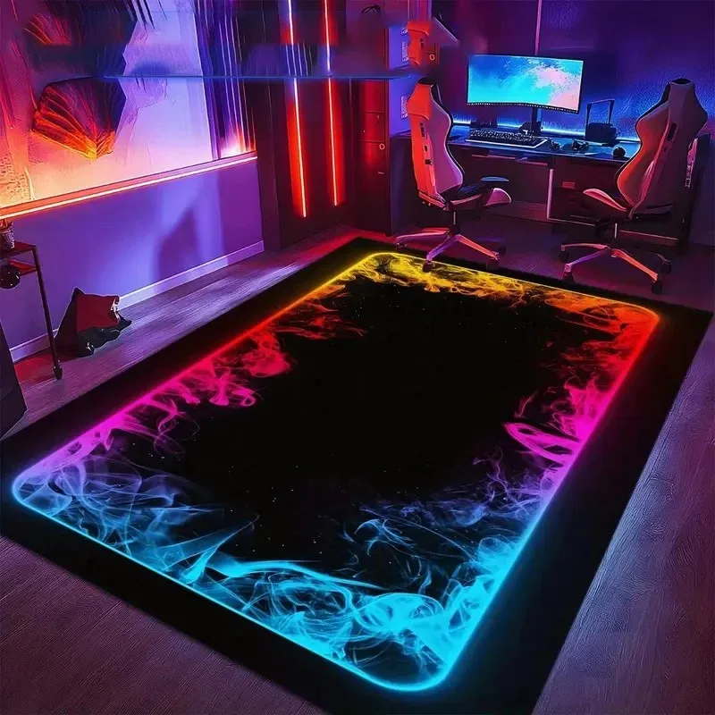 VIKAMA Cyberpunk Neon Smoke Gaming Rug Luminous Border Flannel Non Slip Washable Floor Mat Gamer Desk Bedroom Decor