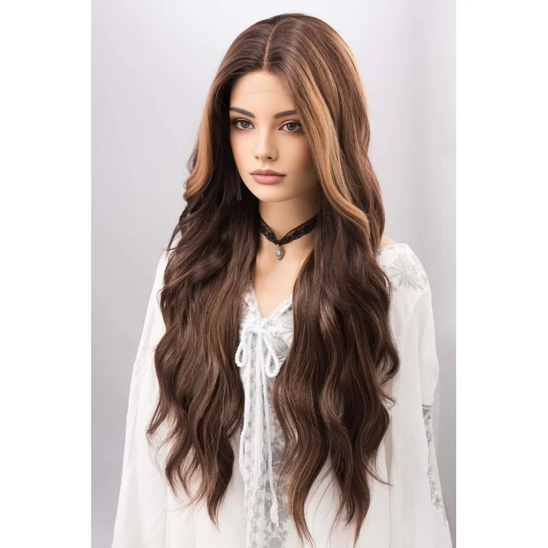 Dark Mixed Light Brown Long Wave T Part Lace Front Human Hair Wigs Glueless