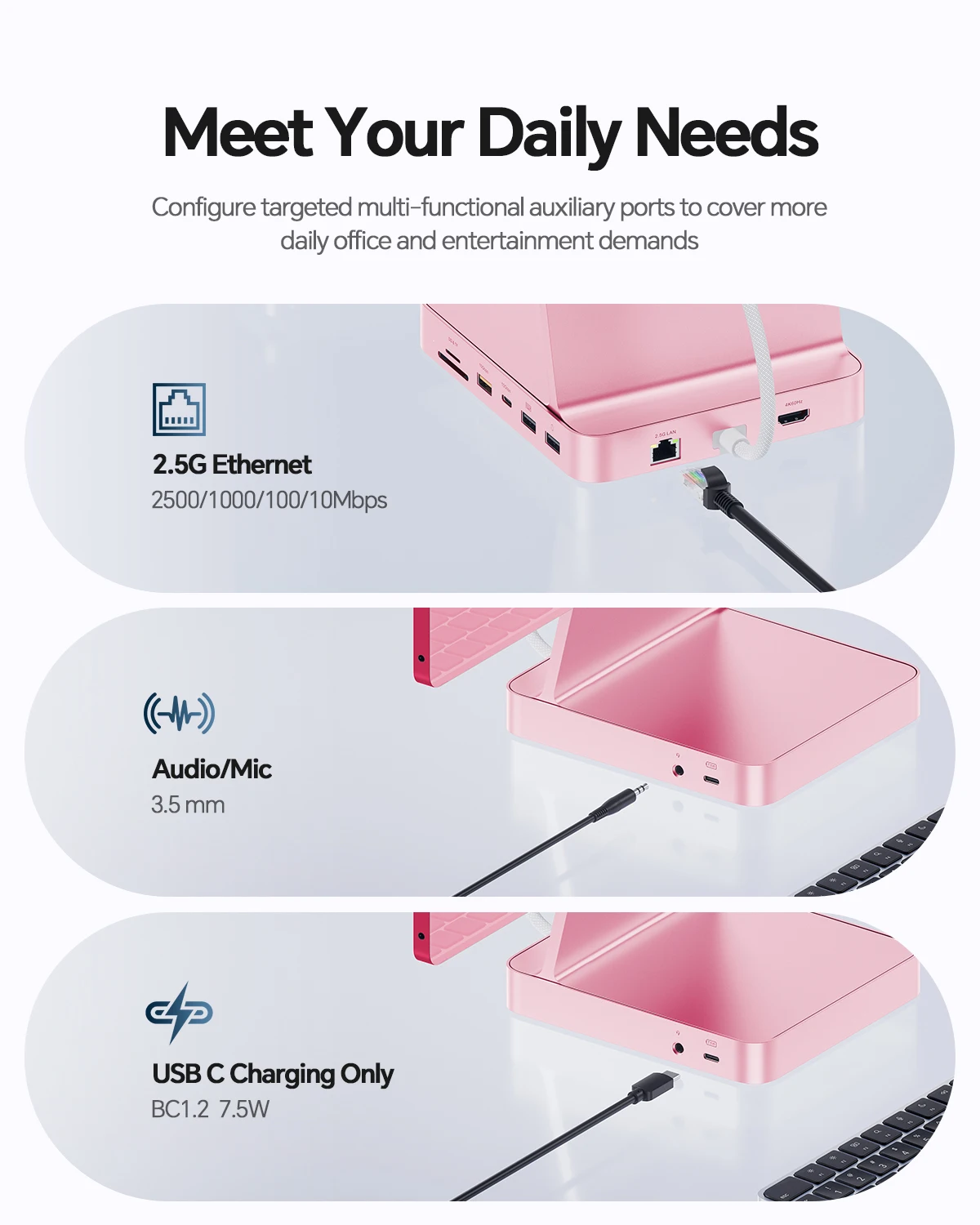 PULWTOP iMac USB Hub with 4K HDMI, 2.5G Ethernet, USB A/C 10Gbps, SD/TF, M.2 SSD Enclosure (SSD Not Included) for M1/M3/M4, Pink