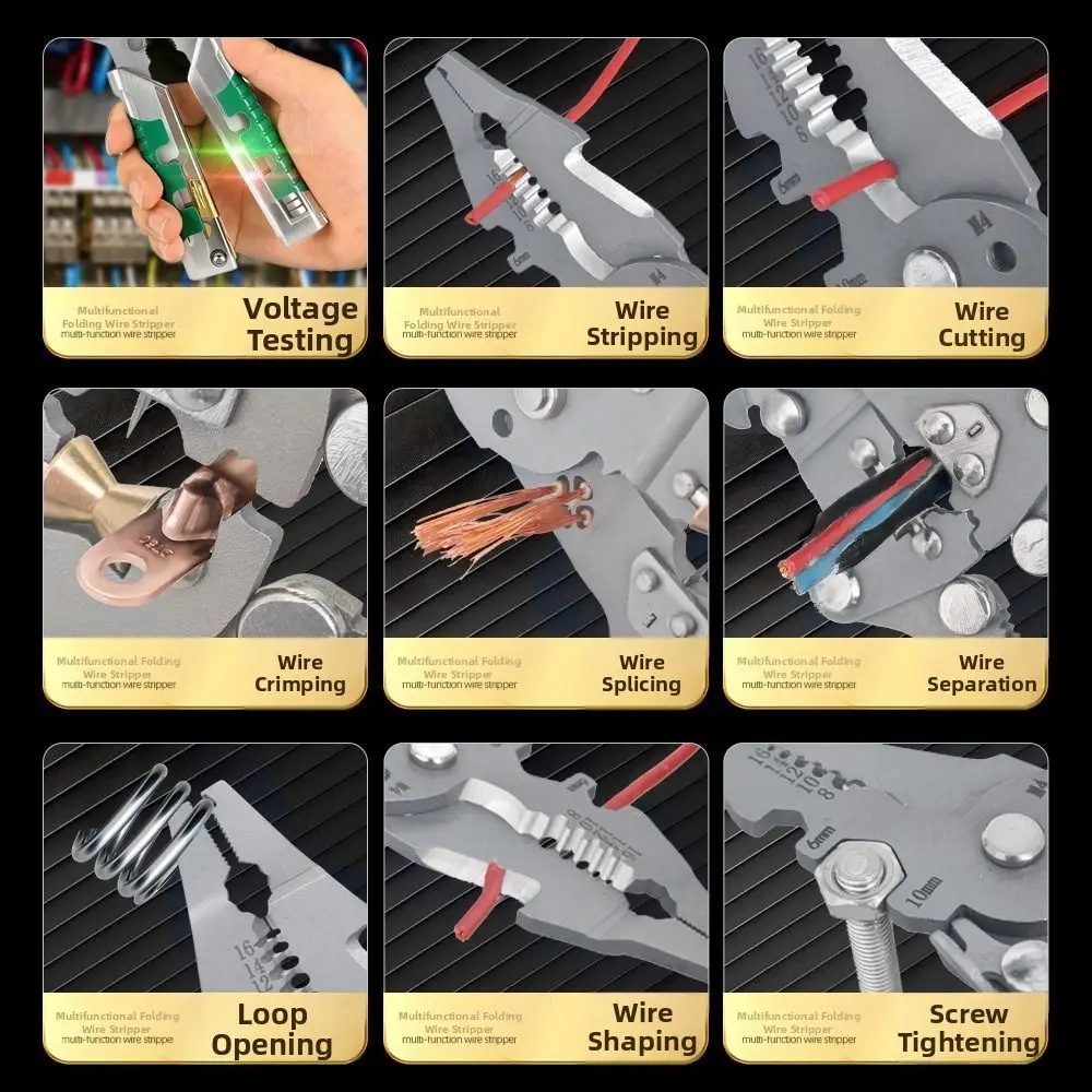 Durable Multifunctional Foldalbe Wire Stripping Pliers Folding Anti-slip Electrical Clamps with Voltage Test Crimping Pliers