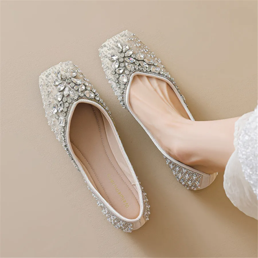 

Luxury Rhinestone Designer Ballet Flats Women Shallow Comfort Loafers Female Wedding Dress Shoes Ladies Square Toe Espadrilles