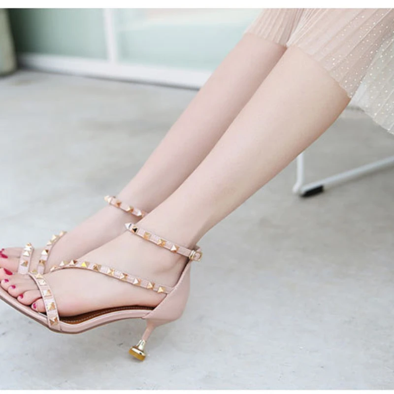 Summer Women 10cm High Heels Sandals Rivets Studded Stripper Event Stiletto Heels Sandles Lady Wedding Design Replica Nude Shoes