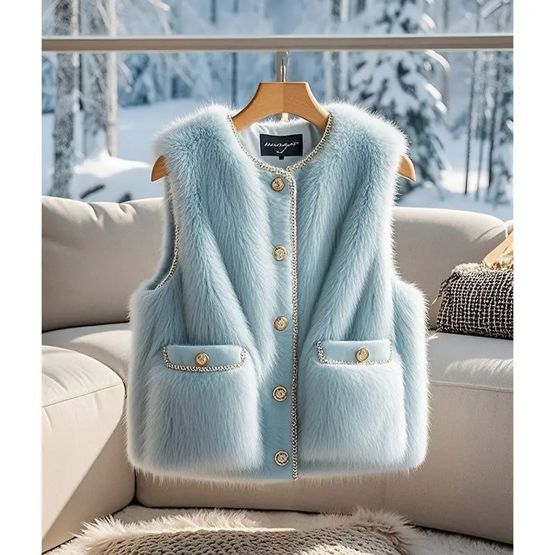 Chic Women Blue Faux Mink Fur Waistcoat Thickened Warm Imitation Fox Fur Vests Double Pockets Furry Tanks Flocking Cardigan Tops
