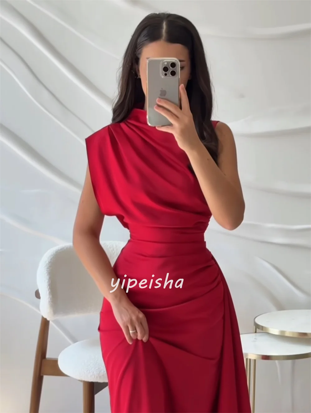Customized Modern Style Simple Ruched Straight Scoop Neck Long Dresses Bespoke Occasion Dresses Sizes Available High Quality