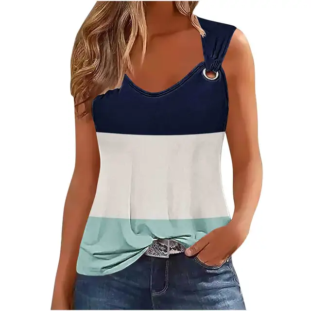 Moda T-shirt z nadrukiem w paski dla kobiet 2024 Letni bezrękawnik Tank Top Femme Seksowny T-shirt Casual Tshirt Women Tops