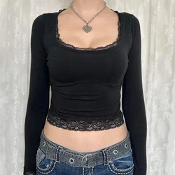 Vintage Lace Stitched Black Crop Top Women Basic Skinny Long Sleeve Solid T Shirt Autumn Winter Casual Tee Shirt y2k