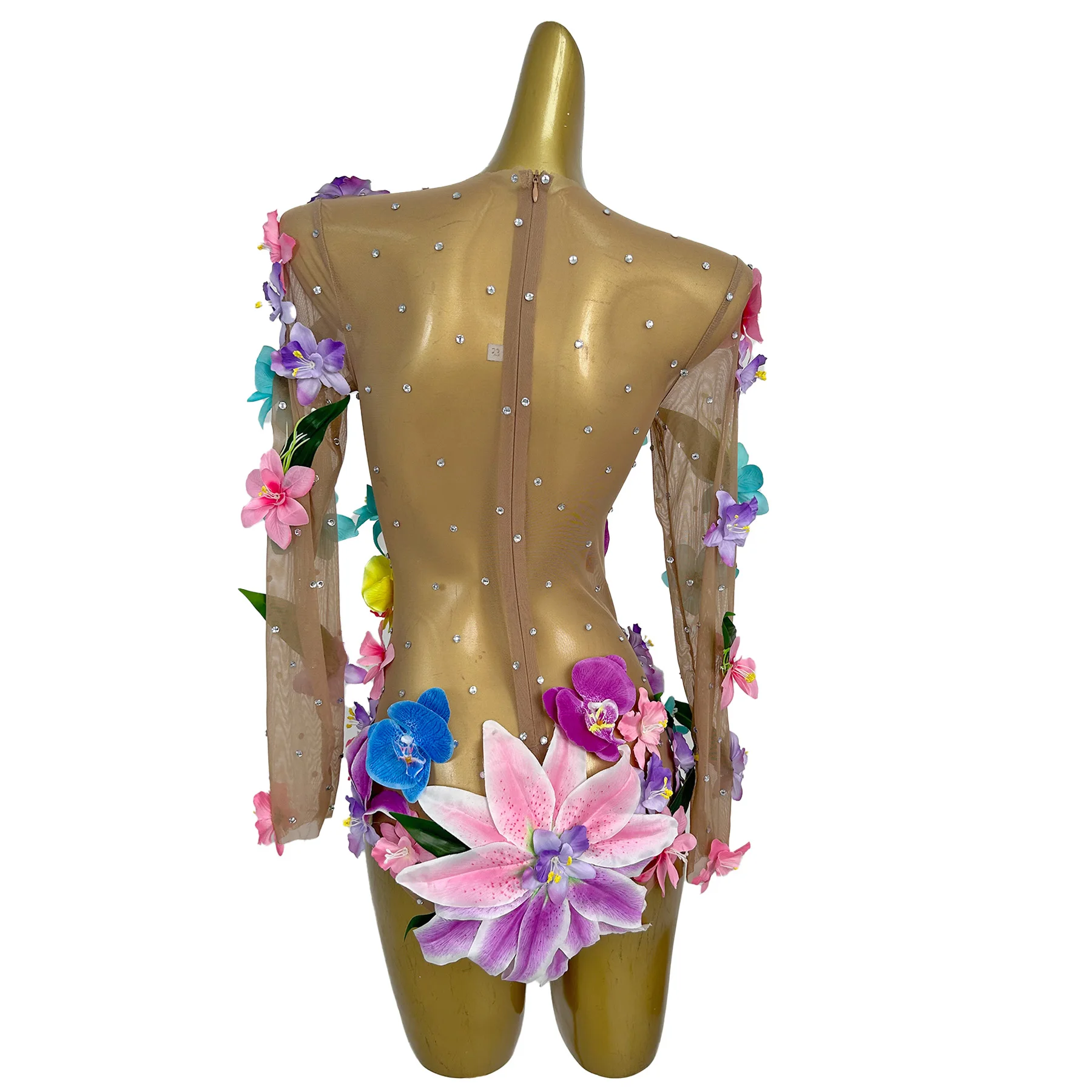 Huaduo Sexy Perspective Jumpsuit Colorful 3D Flower Rhinestone Tight Shorts Bar Dancer Performance Outfit Themed Party Dress