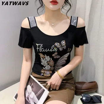 여성용 메쉬 티셔츠, 섹시한 오프 숄더, 럭셔리 핫 다이아몬드 탑, 여름 반팔 블라우스, 2024 신상 패션