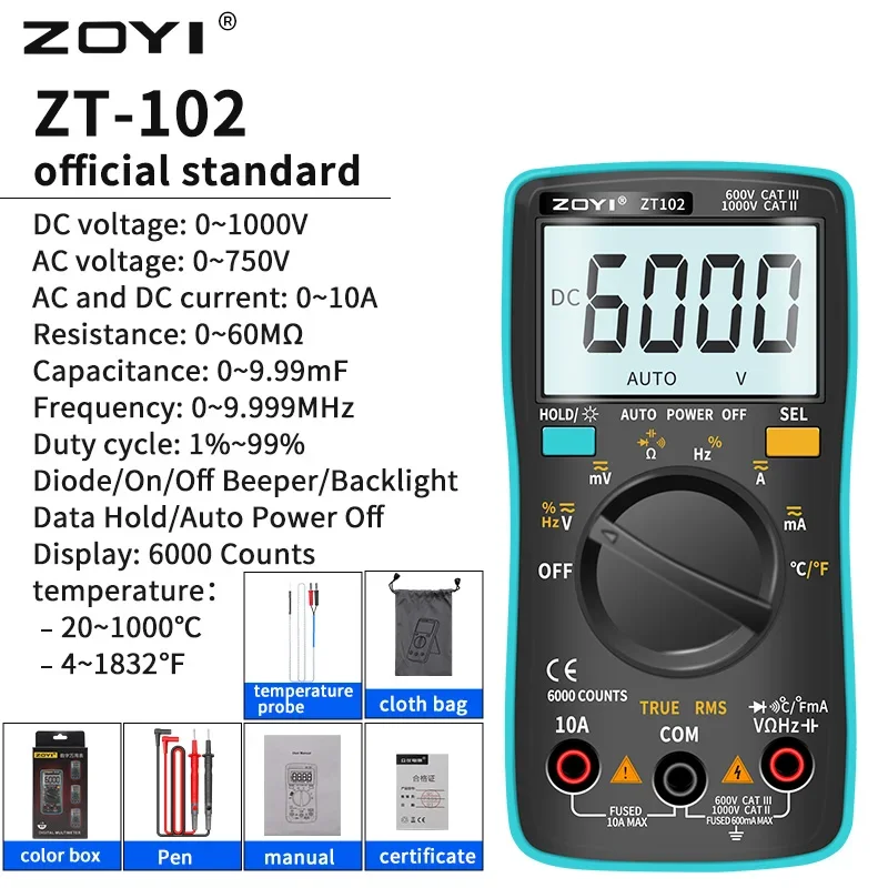 ZOYI 102A มัลติมิเตอร์แบบดิจิตอล 6000 นับไฟฟ้าเครื่องทดสอบทรานซิสเตอร์ Auto Rang AC/DC แรงดันไฟฟ้า Process Calibrator