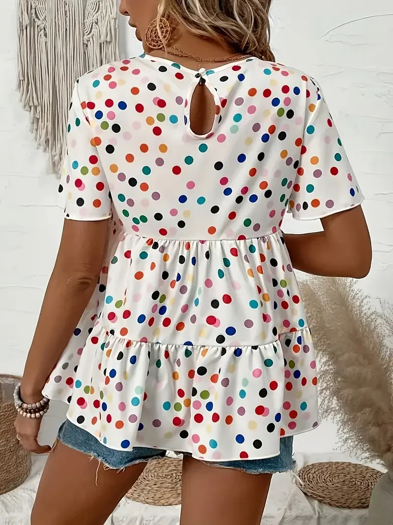 Kemeja Liburan Lengan Panjang Fashion Wanita Ukuran Besar 1XL-5XL Kemeja Blus Cetak Polka Dot Leher Kru Kasual Wanita