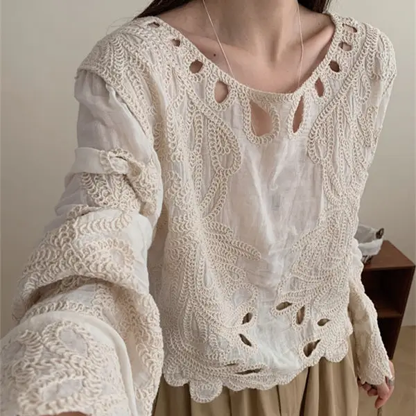 

Cotton Round Neck Shirt For Women In Spring And Summer 2025 New Style For Lazy Commuting Simple Hollow Hook Flower Top