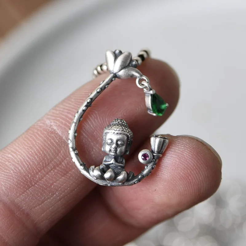BOCAI S925 Sterling Silver Pendants for Men Women New Fashion Buddha Lotus Green Zircon Pure Argetnum Jewelry Amulet Wholesale